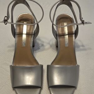 Silver Ankle-Strap Block Heel Sandals
